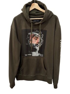 Truth+Theory Be True To Yourself Olive Green Mens Art Portrait Graphic Hoodie XL
